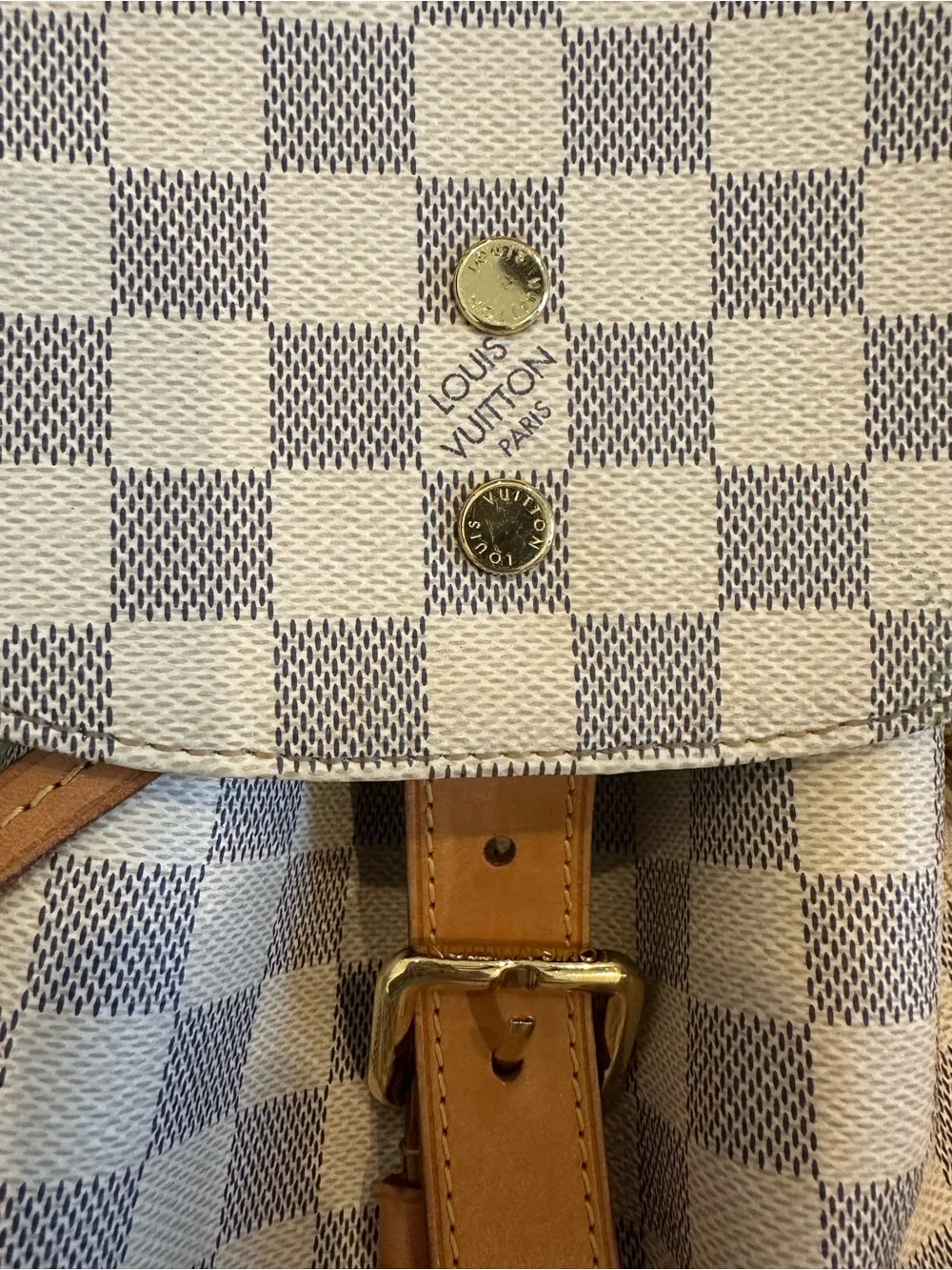 Louis Vuitton Damier Azur Check Canvas Backpack with Tan Leather Trim